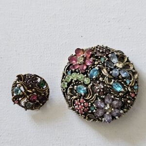 Vintage Floral Jeweled Brooch And Clip On Earring